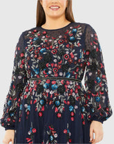 Navy Long Sleeve Beaded Cocktail Dress